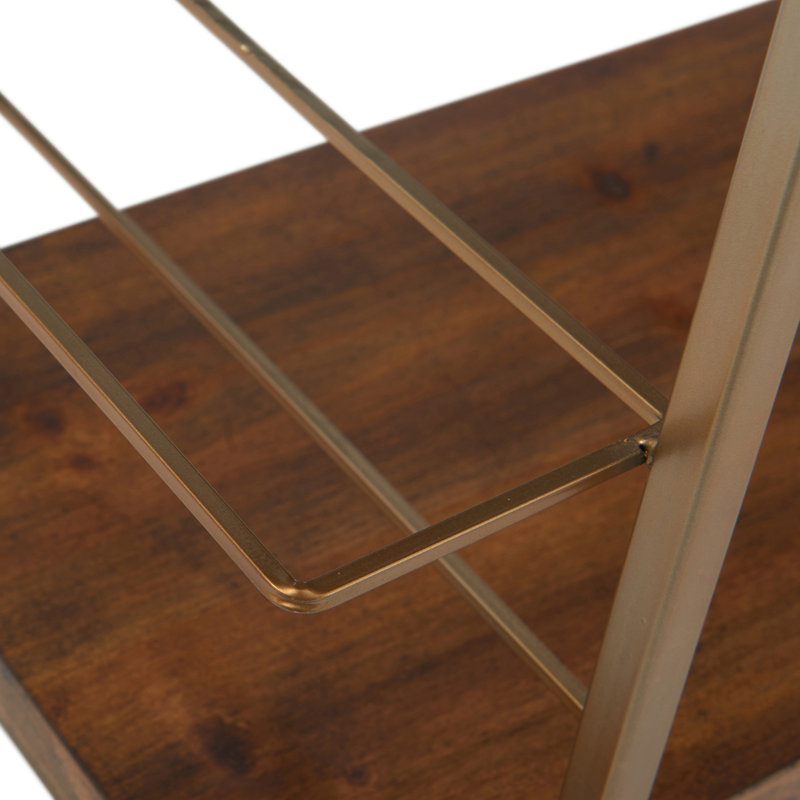 Industrial Walnut & Gold Bar Cart with Wine Rack and Storage
