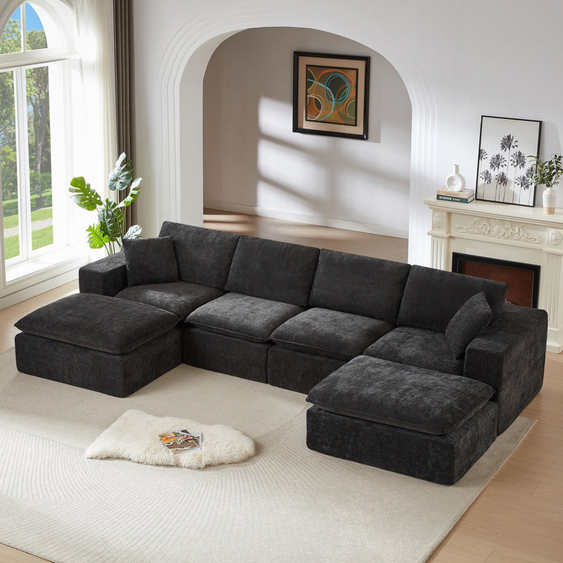 Canapé modulaire en forme de U avec poufs convertibles Boneless, Noir