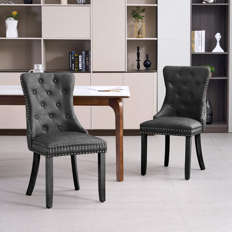 Ensemble de 2 chaises de salle à manger en similicuir en polyuréthane avec garniture cloutée et dossier capitonné, Noir mat