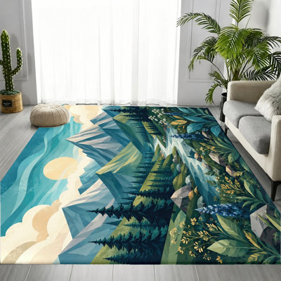 Tapis bleu-vert, ciel ensoleillé, paysage de forêt, motif boisé naturel frais, tapis doux antidérapant durable et lavable à la machine, décoration intérieure artistique élégante pour le salon, la chambre à coucher, l'entrée, la porte d'entrée, la cuisine, le balcon
