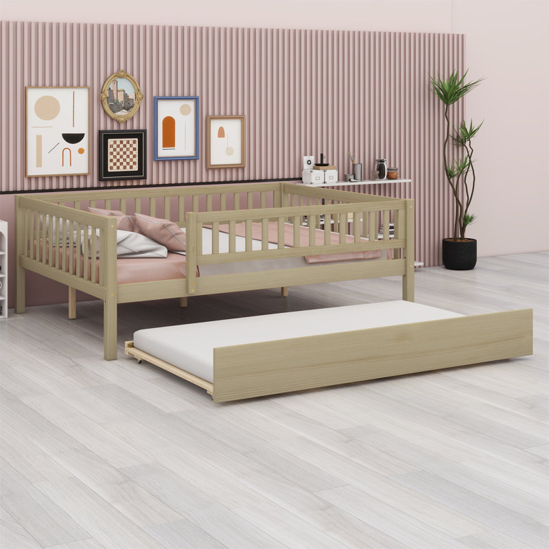 Wood Daybed with Trundle and Fence Guardrails, Natural, Full
