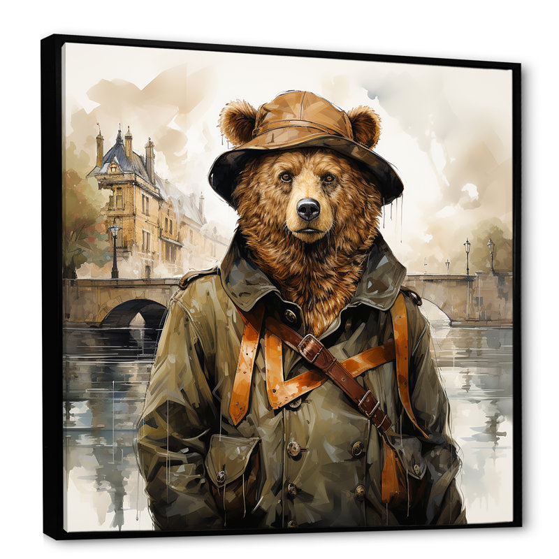 Ours en costume détective campagne I - ours 2, art mural, Cadre flottant noir, H 16 po x l 16 po x P 1 po