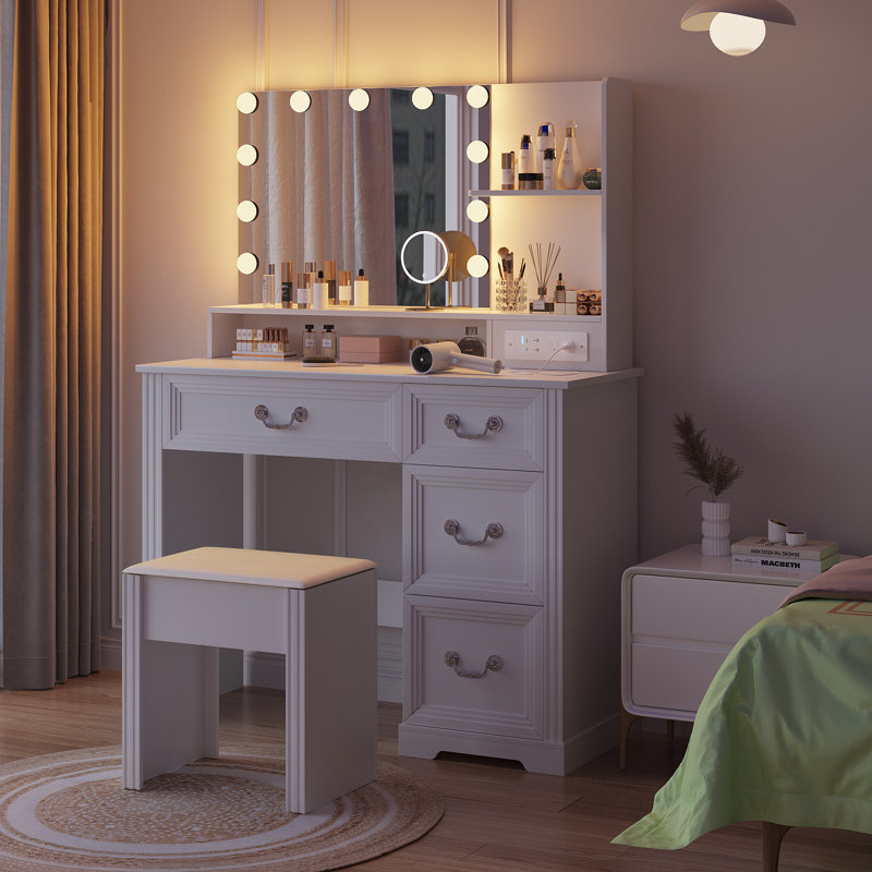 Bureau de coiffeuse avec miroir, ampoules, tiroirs, tablettes et tabouret - Table de maquillage pour chambre à coucher, Blanc