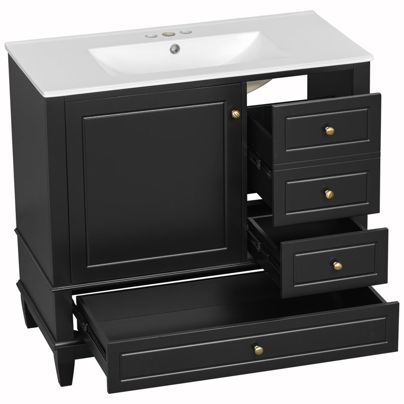 Meuble-lavabo autoportant avec trous de robinet de 4 pouces, Noir