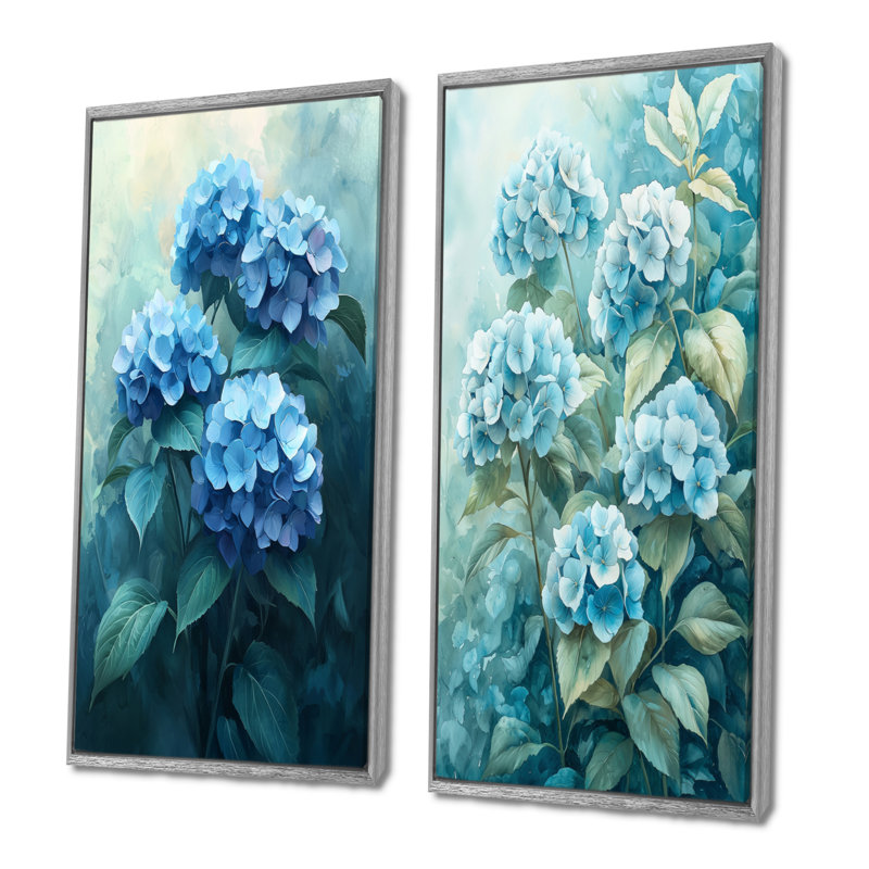 Hortensia Blossom Harmony I - impression sur toile florale 2 panneaux, H 32 po x l 33 po, Encadrement argenté