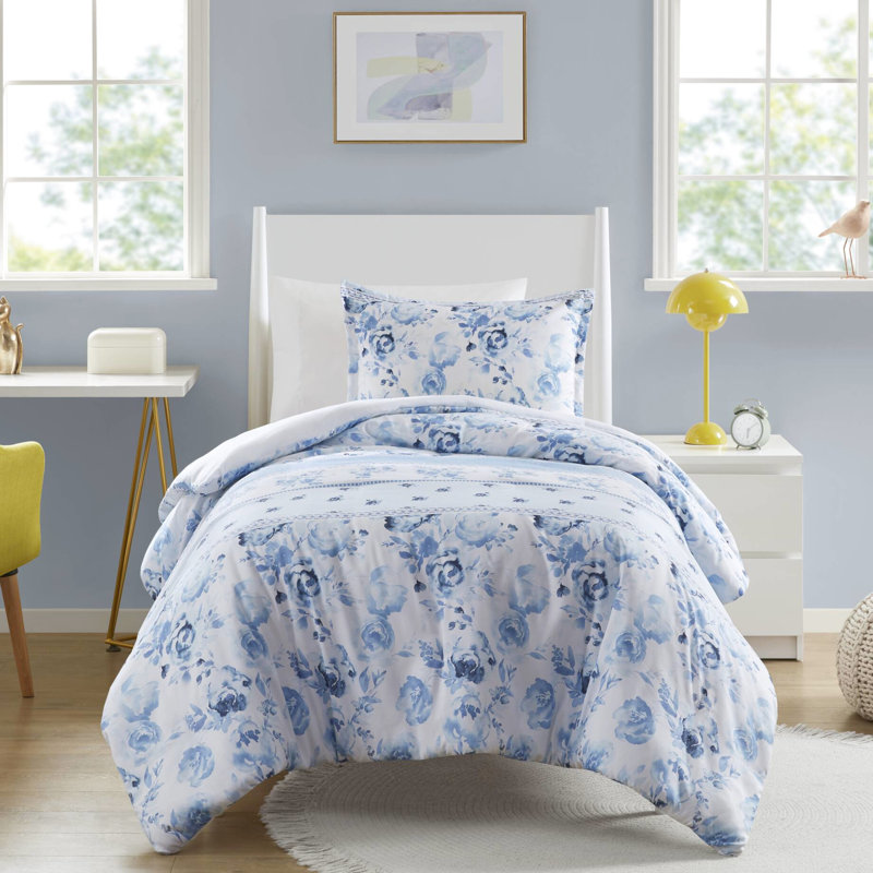 Housse de couette en microfibre pour lit double / grand lit à rayures florales, bleu, avec attaches à rayures, attaches intérieures