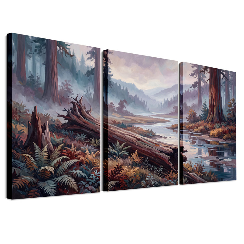 Forêt, rivière, bûche tombée et montagnes, ensemble de 3 toiles, 18"H x 12"W x 3pcs