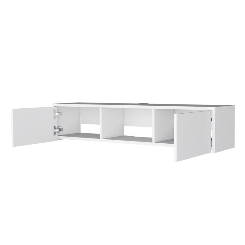 Meuble télé moderne blanc flottant à 2 portes, idéal pour les petits espaces, qui permet d'organiser les médias, s'adapte aux téléviseurs de 40 à 49 po et compacte, permet d'organiser efficacement les composants,