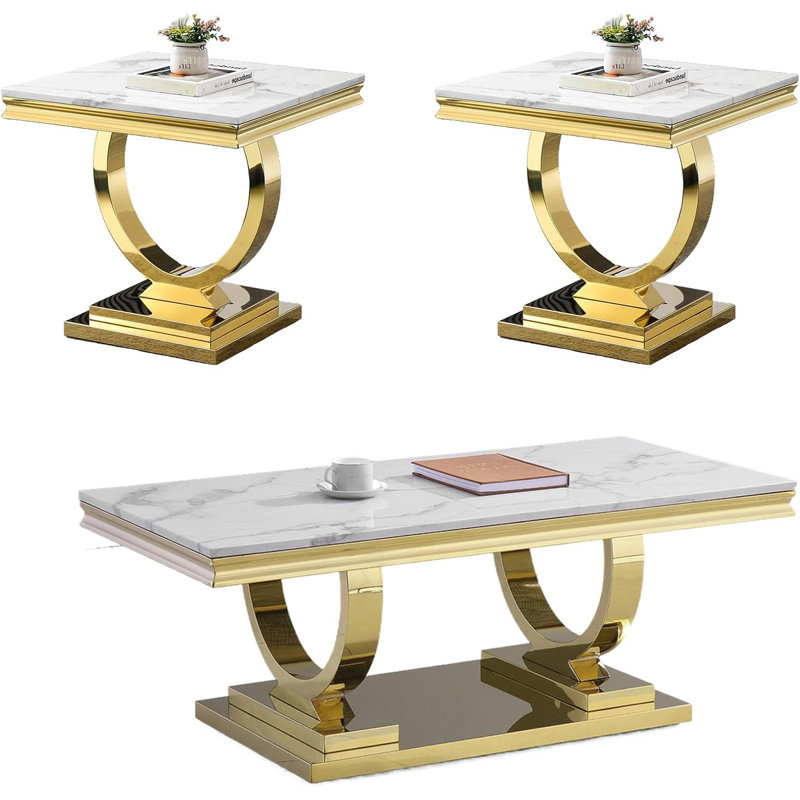 Ensemble de table de salon 3 pièces, table basse en faux marbre blanc avec 2 tables de bout, table basse moderne de 3 avec base en acier inoxydable pour le bureau d'appartement
