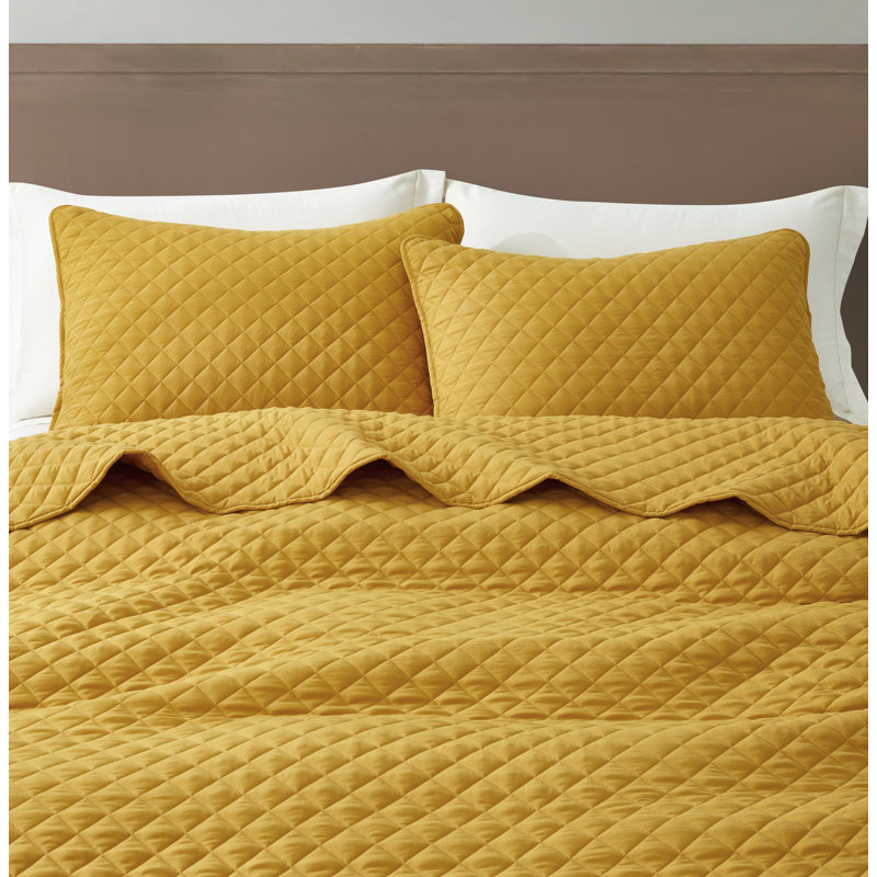 Teo Diamond Stitch Microfiber Quilt Set, Queen Quilt + 2 Standard Shams, Mustard Yellow