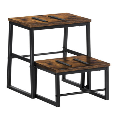 2-Step Industrial Step Stool, Wood & Metal Frame Step Stool With Wide Platform, Sturdy Multi-Use Step Ladder For Home, Kitchen, Bedroom