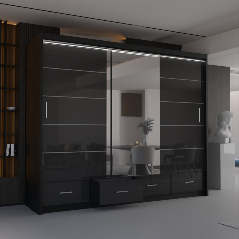 Bahos 3 Door Manufactured Wood Wardrobe, Black, 220cm H x 255cm W x 66cm D