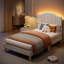 Twin Size Beige Linen-Blend Upholstered Platform Bed Frame with LED Light and Height Adjustable Headboard, No Box Spring Needed-1220794978-1220794988