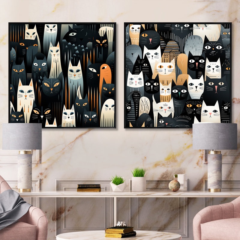 Motif abstrait de chats noirs et blancs - animaux, ensemble de 2 collages carrés, Cadre flottant noir, H 16 po x l 33 po