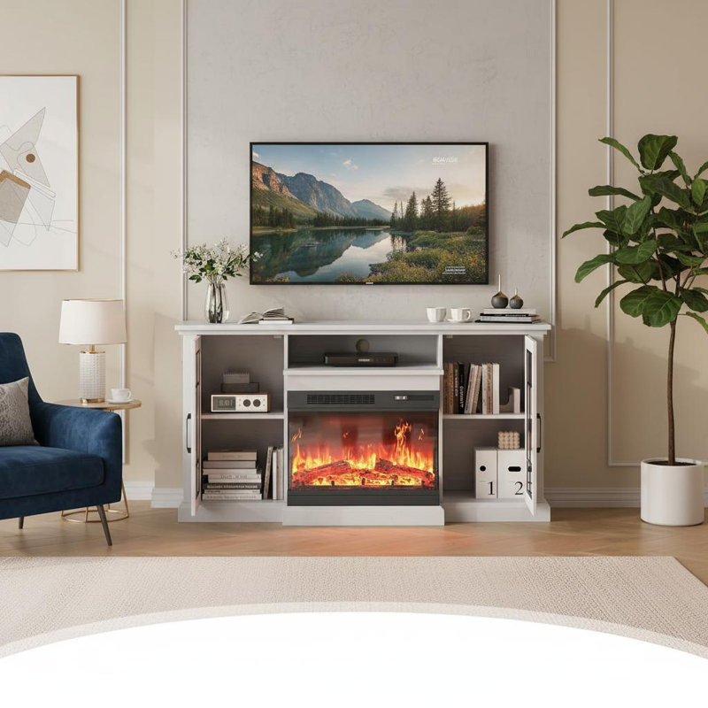 59 Inch Electric Fireplace TV Stand, Panoramic 3 Sided Glass Entertainment Center with Fireplace for TVs Up to 65'', 12 Flame Colors, Ample Storage, Energy Saving Fireplace Heater, White