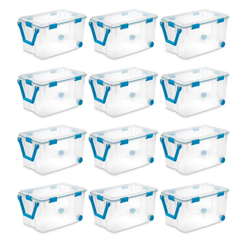 Sterilite Clear Plastic Wheeled Storage Bin w/ Gasket Latch Lid, 12-Pack
