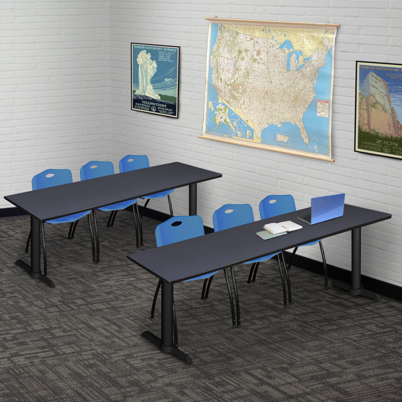 Table de formation Neyland Cain T-Base et 3 chaises empilables, Bleu, Gris