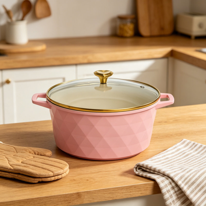 Pot antiadhésif en céramique rose de 4,6 pintes - Va au four et au lave-vaisselle - Antiadhésif, facile à nettoyer et parfait pour la cuisson