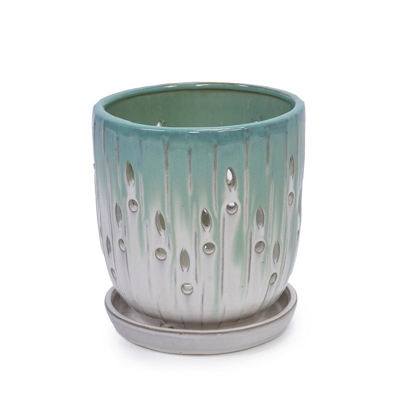 High quality ceramic flowerpot, White/Green