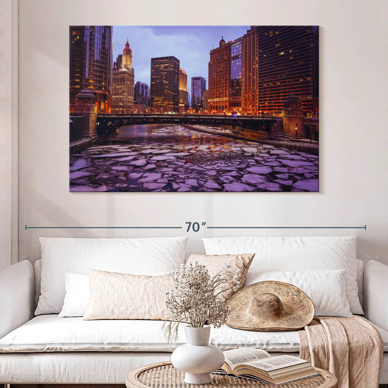 Paysage urbain de la rivière gelée Harpa Chicago, H 34 po x l 51 po