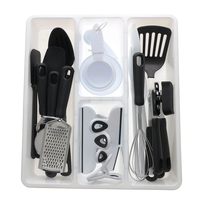 Ensemble de gadgets de cuisine 30 pièces avec ustensiles de cuisine, tasses à mesurer, pinces et organisateur de tiroir, noir / blanc