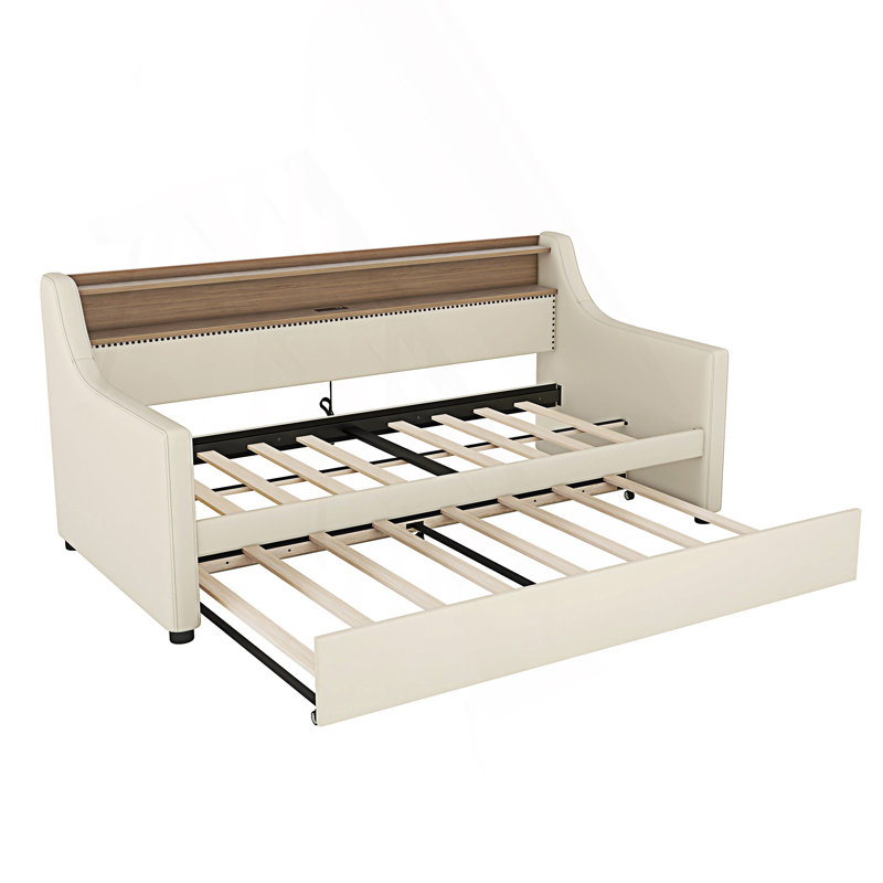 Modern Twin Size Daybed With Trundle Bed, Upholstered Daybed With Charging Station And Led Lights, Beige