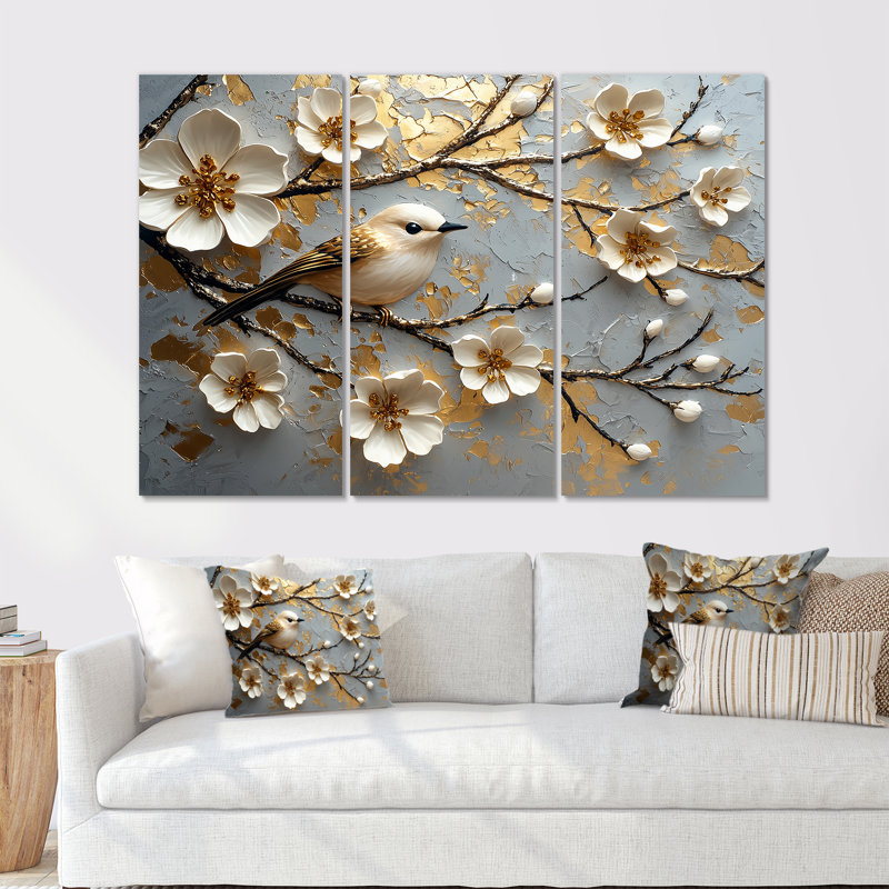 Cerisier en fleurs blanc et or sur une branche I - ensemble d'art mural cerisier en fleurs, Toile tendue