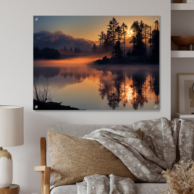 «Morning Fog Over The Lake Sunset I», art mural en acrylique sur le lac pour le salon