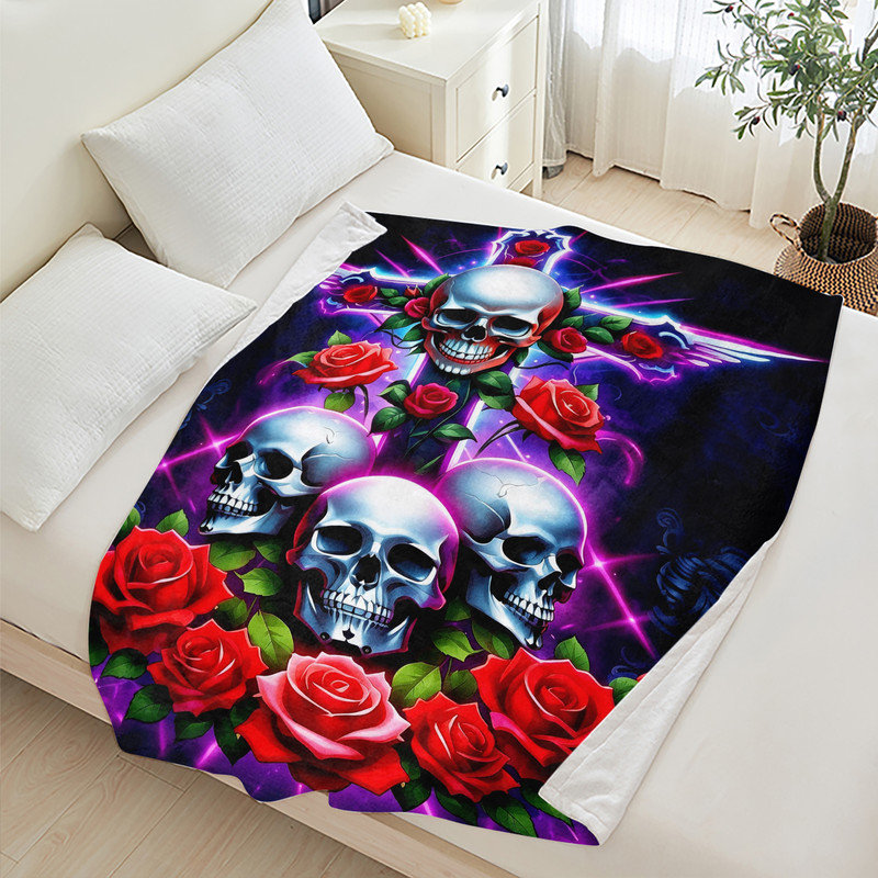 Jeté en flanelle JYK Halloween, Skulls Roses Cross