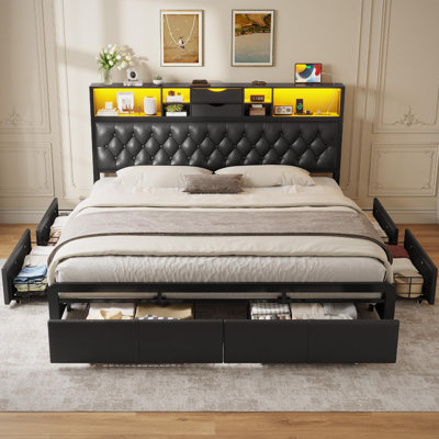 Upholstered Bed Frame With 6 Storage Drawers And Headboard, Platform Bed With Led Lights And Charging Station