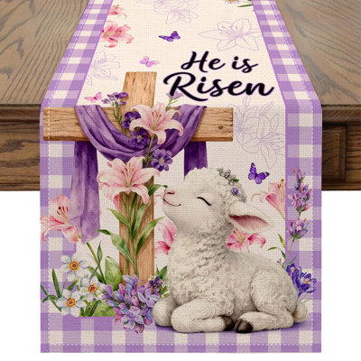 Easter Table Runner 13 x 72 Inch Purple Buffalo Plaid Lamb Farmhouse Spring Decor for Holiday Party Tabletop