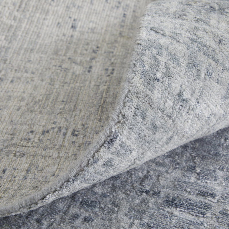 Tapis abstrait en viscose tissé à la main bleu / argent, Rectangle 3 pi x 5 pi