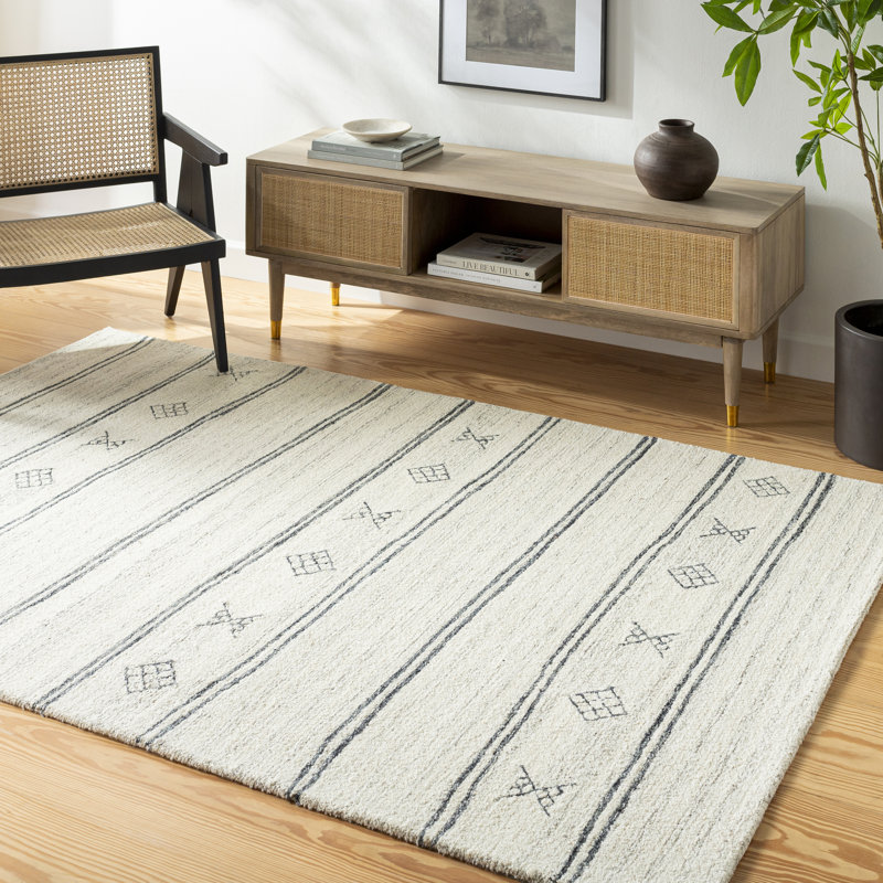 Rectangle Milada Striped Hand Tufted Wool Area Rug in Black/Beige, Rectangle 2' x 3'