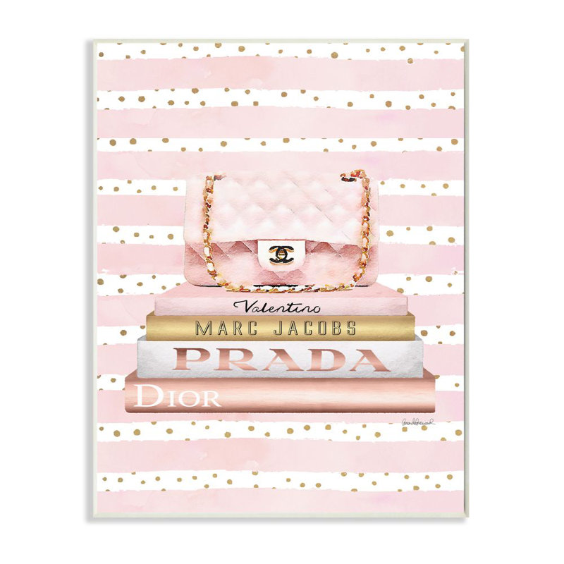 " Pink Designer Bag On Fashion Bookstack Over Pattern " by Amanda Greenwood, Wall Plaque, 15" H x 10" W x 0.5" D