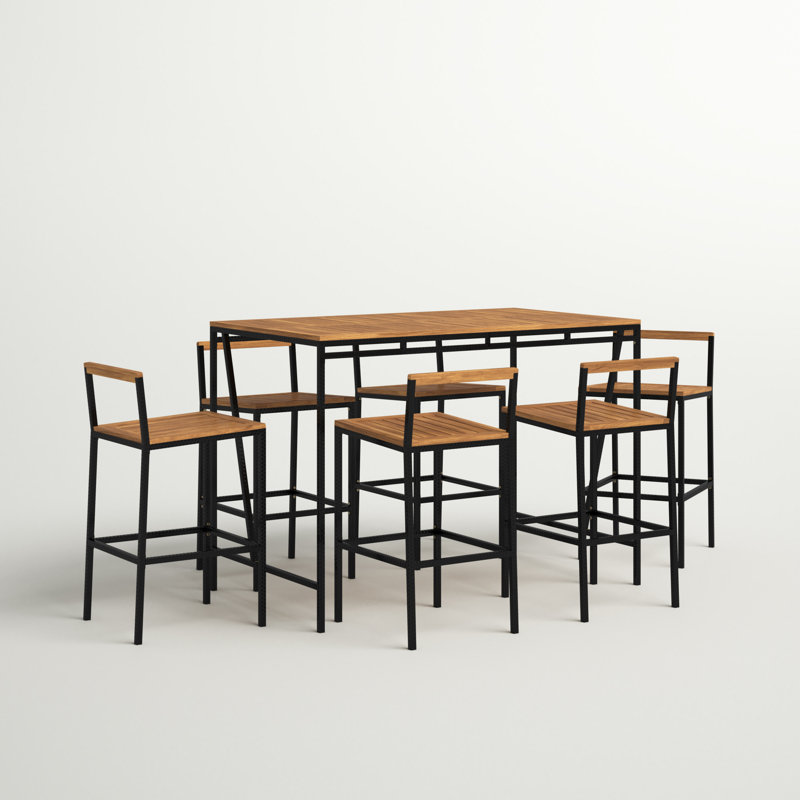 Ensemble de table de bar en rotin avec dessus en bois d'acacia, 6