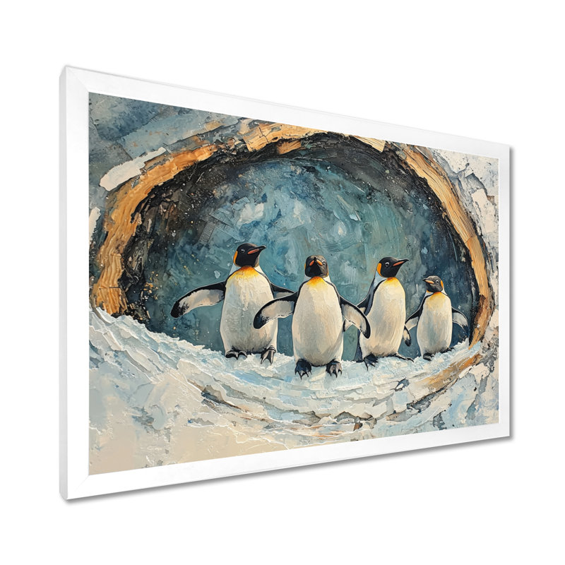 «Penguin Family In A Winter Landscape», reproduction sur toile de pingouin, Reproduction d'une seule photo avec cadre, Blanc