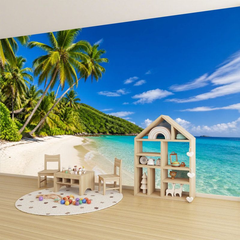 Papier peint adhésif auto-adhésif moderne pour la chambre à coucher avec palmier plage de L 69 po x l 96 po Peel and Stick