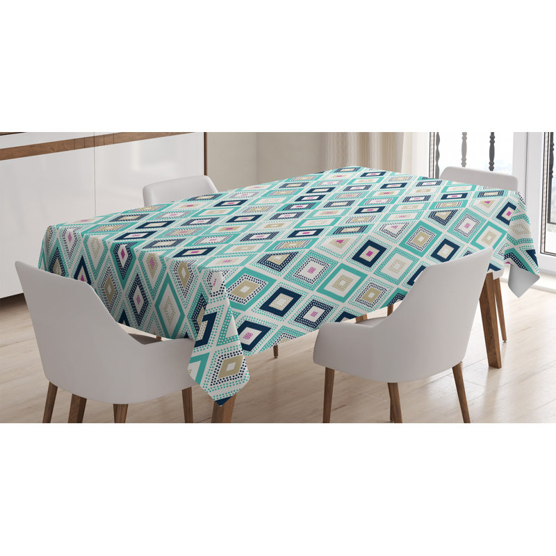 Ambesonne Turquoise Tablecloth, Dots Doodle Rhombus Diamond Shapes Colorful Geometrical Pattern Artwork, Rectangular Table Cover For Dining Room Kitchen Decor, 52" X 70", Turquoise Multicolor
