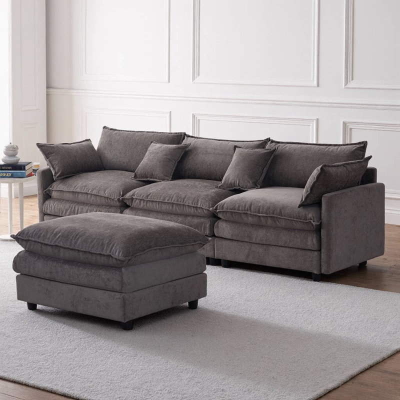 105" Modular L-Shape Sectional with Ottoman, Soft Chenille Fabric, 3-Seat, Gray