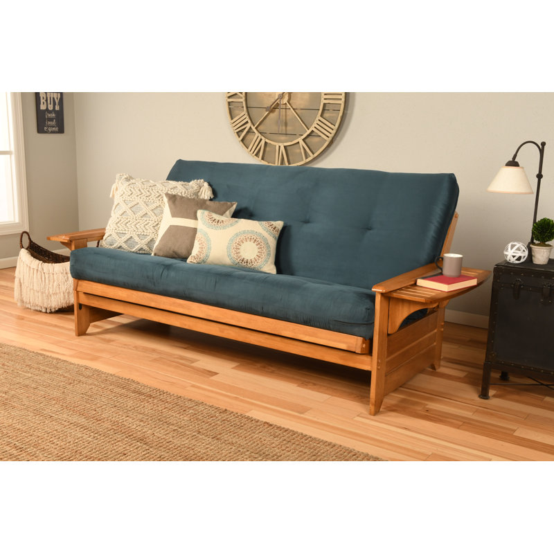 Johnte 82'' Wide Full Futon And Mattress, Suede Blue Microsuede, Butternut, Premium Pocket Coil