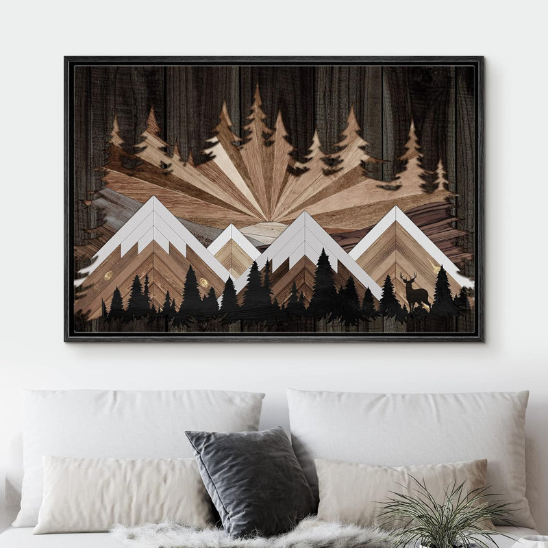 Western Wood Effect Landscape Illustrations Country Farmhouse Rustic Geometric, 24" H x 36" W, Black