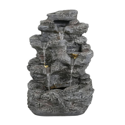 5-Tiered Concrete Tall Slim Fountain, 23.85"H –LED-Lit Column, Space-Saving Modern Outdoor Accent, All-Weather Resistant