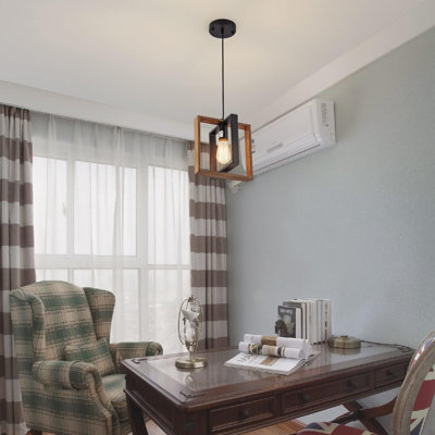 Luminaire suspendu Modern Farmhouse - Lustre suspendu réglable en bois et métal noir mat pour îlot de cuisine, salle à manger, vestibule ou couloir - Douille E26 (ampoule non incluse)
