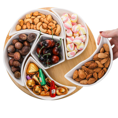 Plateau de service en céramique plateaux Lazy Susan, ensemble de service rotatif divisé avec 6 compartiments amovibles, plat de hors-d'œuvre, ensemble de collations pour Noël, fête de l'Action de grâce, fête, cuisine, blanc et couleur bambou