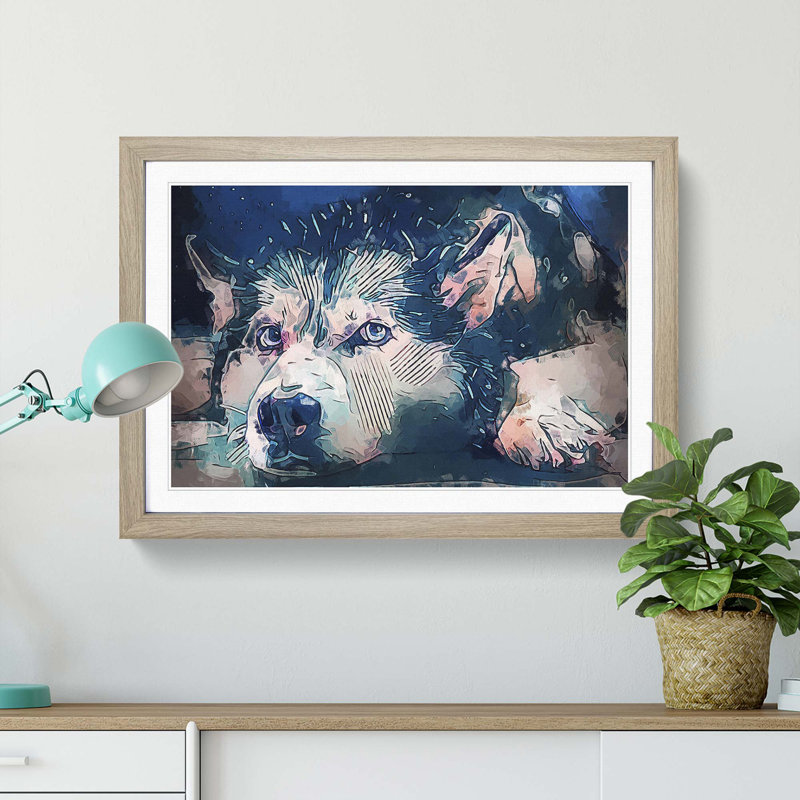 A Husky Dog in Abstract - Picture Frame Painting Print, Oak Framed, 62cm H x 87cm W x 2cm D