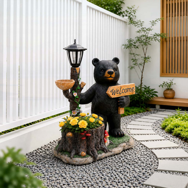 Figurine décorative d'extérieur en forme d'ours noir avec lanterne à énergie solaire