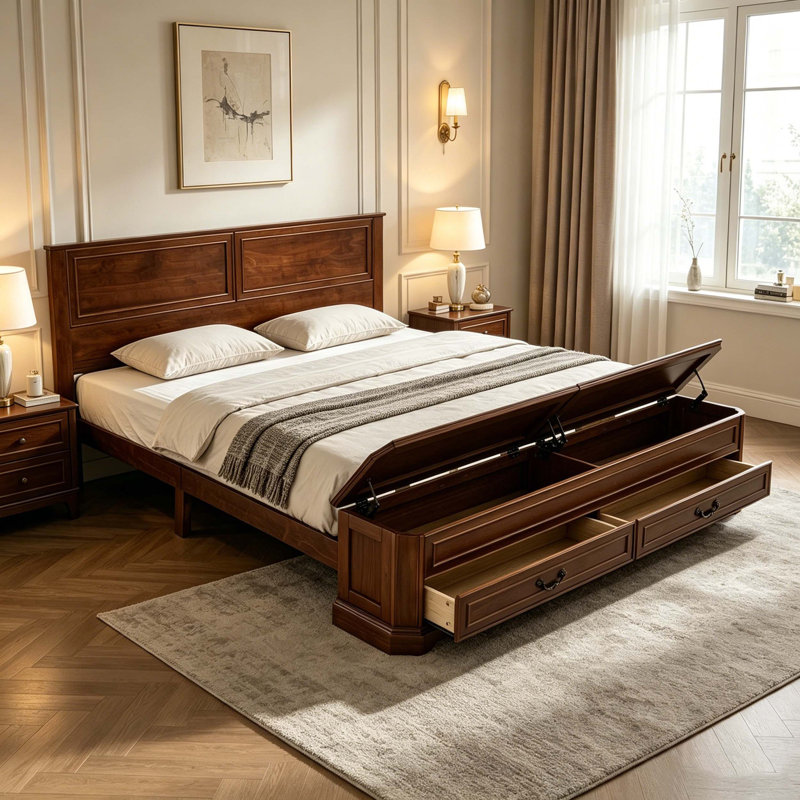 Grand lit avec tête de lit et banc de rangement avec 2 grands tiroirs, Walnut