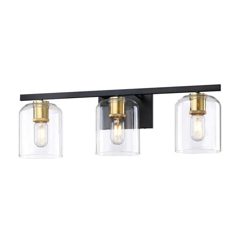 Éclairage pour salle de bain 3 lumières 25,5 po à deux tons noir et or doux avec douilles décoratives rétro et abat-jour en verre transparent