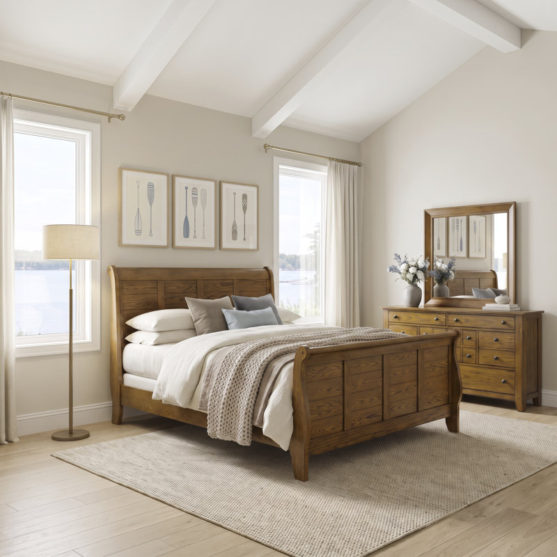 Ensemble de chambre avec lit-bateau, commode et miroir Oconee, Light Brown, 3 pièces: lit, commode, miroir, Très grand lit