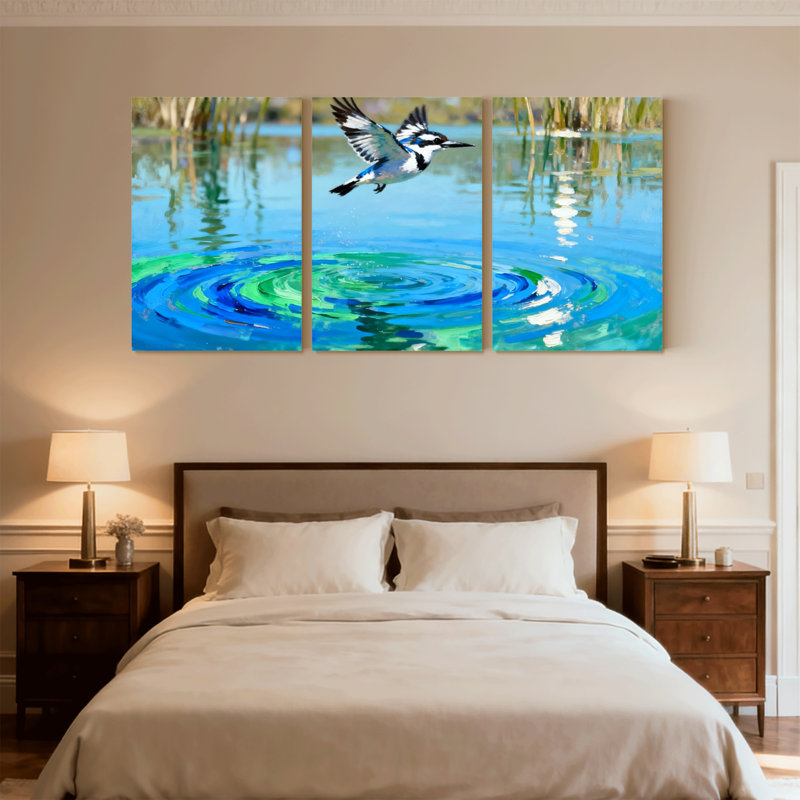 Oiseaux Martin-pêcheur volant au-dessus de l'eau, ondulations, réflexions, ensemble de 3 reproductions d'art sur toile